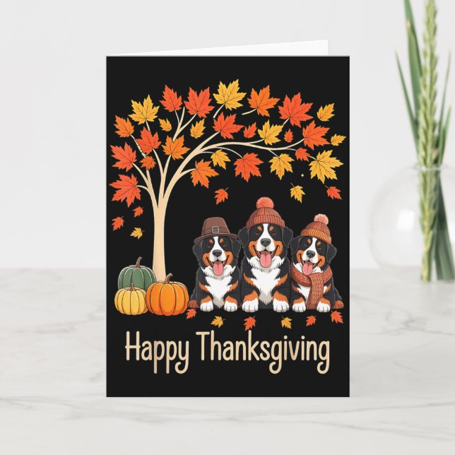 Three Bernese Mountain Dogs Fall Tree Happy Thanks Card (Front)
