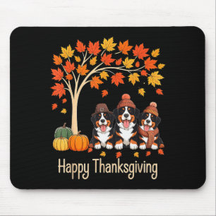 Three Bernese Mountain Dogs Fall Tree Happy Thanks Mouse Pad
