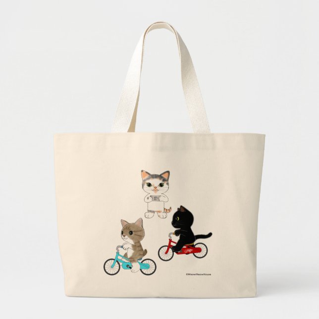 Three Bicycle Cats Large Tote Bag (Front)