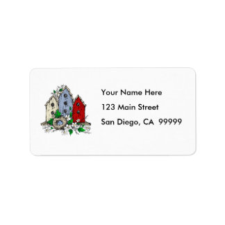 Three Birdhouses, a Nest and Flowers Label