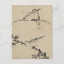 Three Birds on a Branch, One with Blossoms