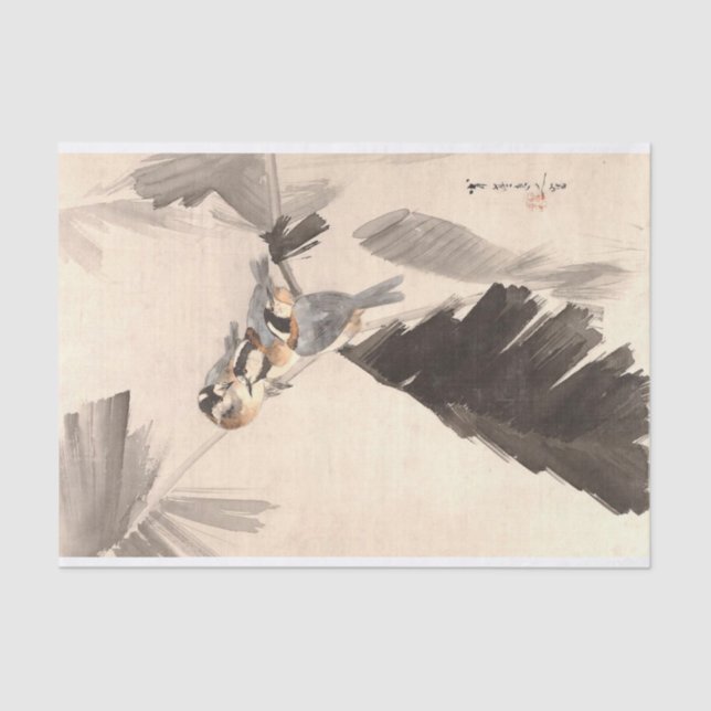 Three Birds on Branch,  Watanabe Seitei Decoupage Tissue Paper (Front)
