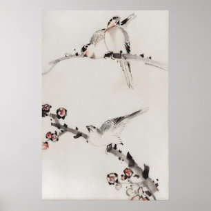 Three Birds Perched On Branches Japanese Fine Art Poster