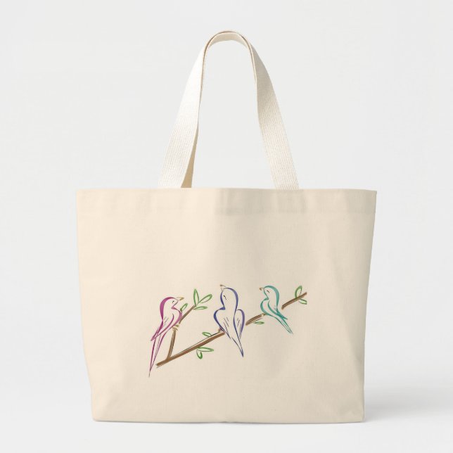 Three birds sitting on a branch large tote bag (Front)