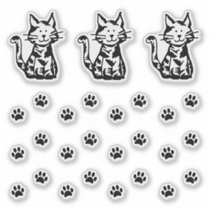 Three Black and White Cats Paw Prints Sticker Set
