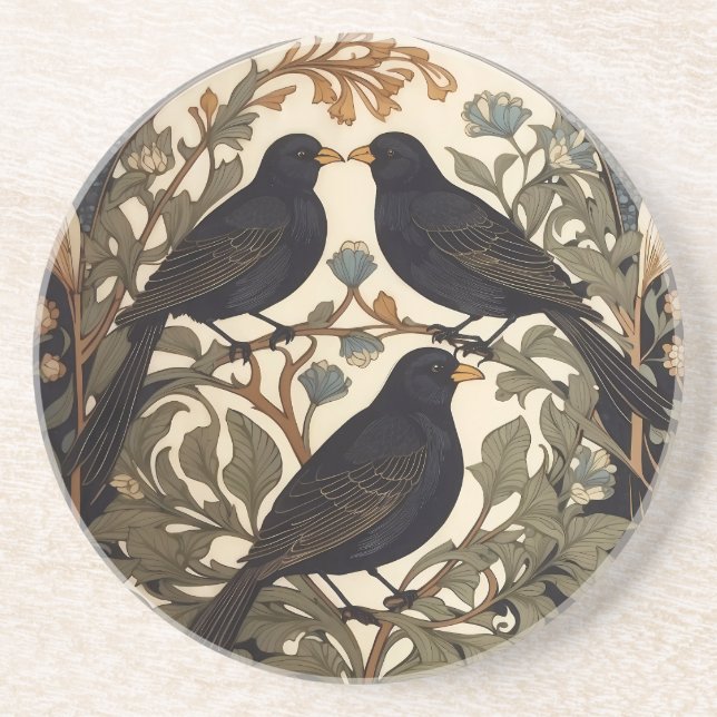 Three Black Birds William Morris Inspired  Coaster (Front)
