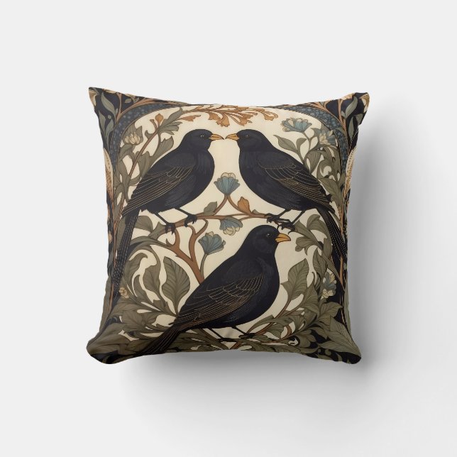 Three Black Birds William Morris Inspired  Cushion (Front)