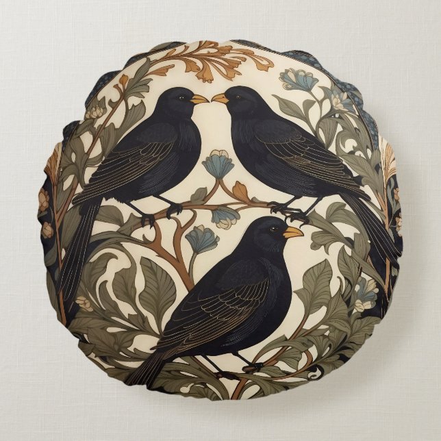 Three Black Birds William Morris Inspired  Round Cushion (Front)