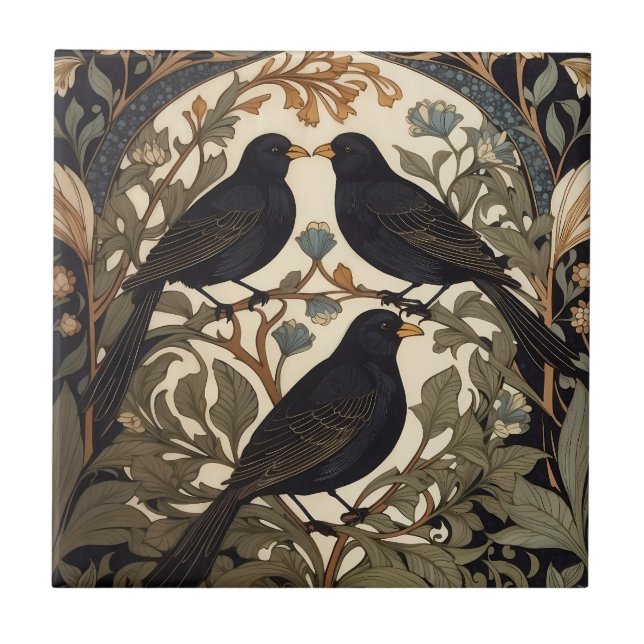 Three Black Birds William Morris Inspired  Tile (Front)