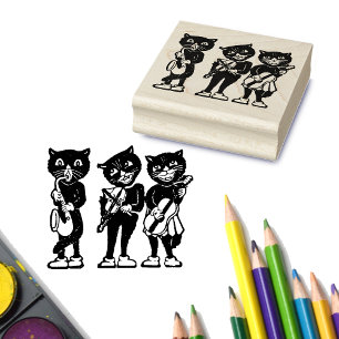 Three Black Cat Musicians Guitar Fiddle Saxophone Rubber Stamp
