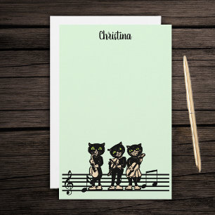 Three Black Cat Musicians Music Instruments Green Stationery