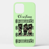 Three Black Cat Musicians on Sheet Music Green
