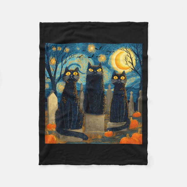 Three Black Cat Starry Night Van Gogh Pumpkins Fleece Blanket (Front)
