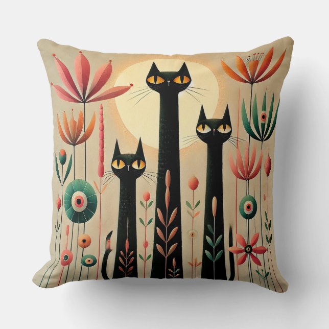 Three Black Cats Amid Vibrant Floral Design Cushion (Front)