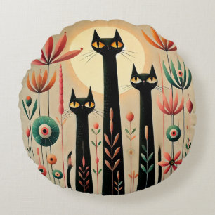 Three Black Cats Amid Vibrant Floral Design Round Cushion
