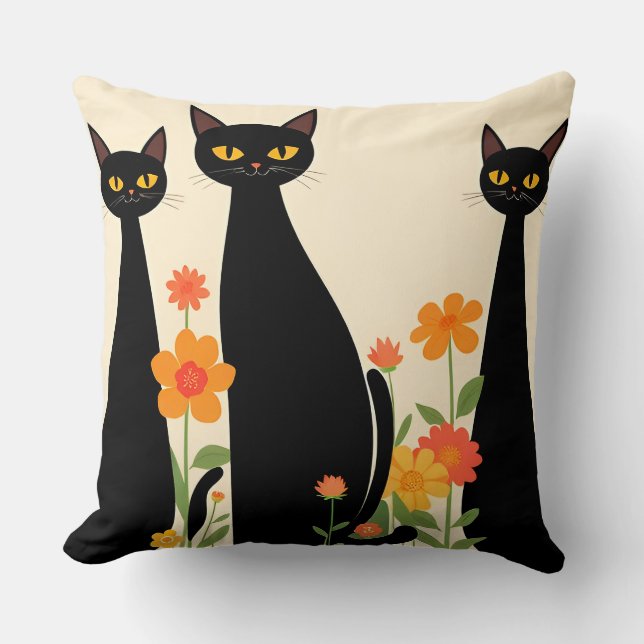 Three Black Cats Among Bright Flowers Cushion (Front)