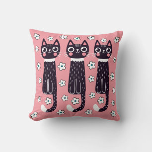 Three Black Cats, Daisy Flowers on Pink Cushion
