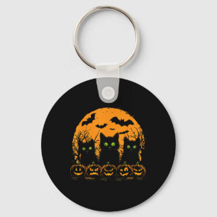 Three Black Cats Full Moon Pumpkin Cat Spooky Key Ring