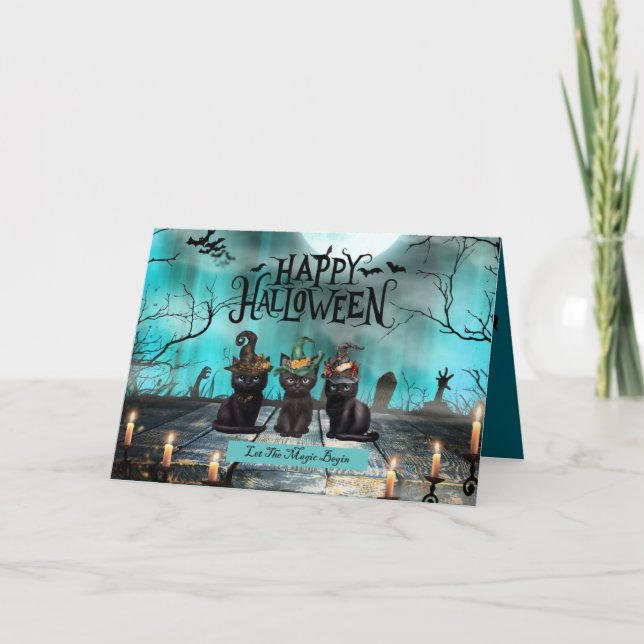 Three Black Cats Halloween Greeting Card (Front)