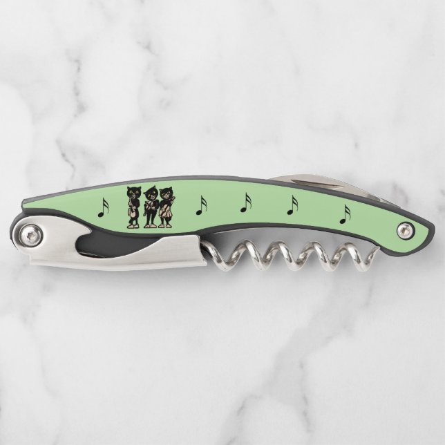 Three Black Cats Playing Music Instruments Green Corkscrew (Front)