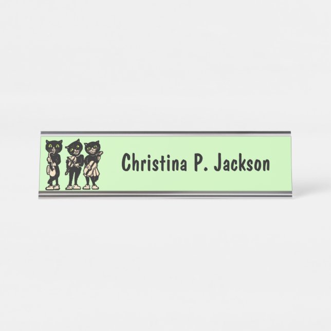Three Black Cats Playing Music Instruments Green Desk Name Plate (Front)