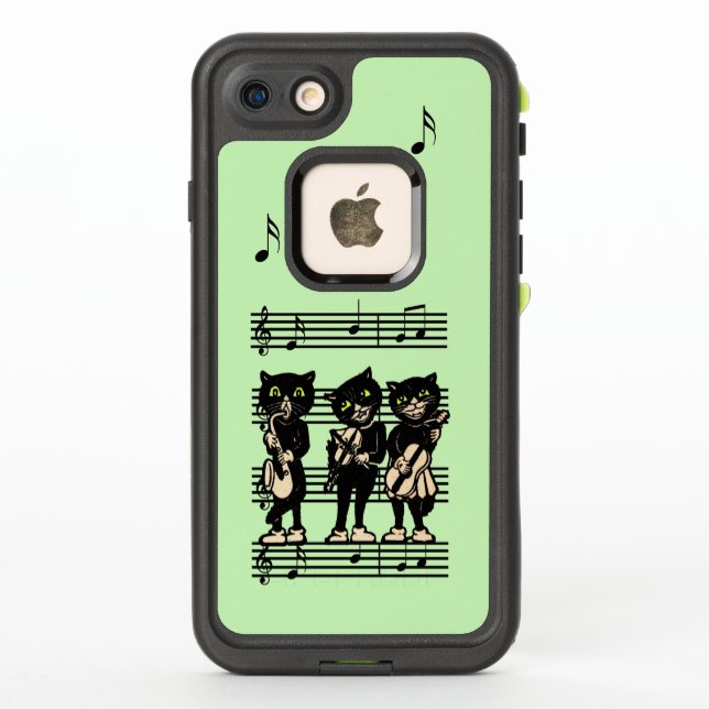 Three black Cats Playing Music Instruments Green LifeProof iPhone Case (Back)