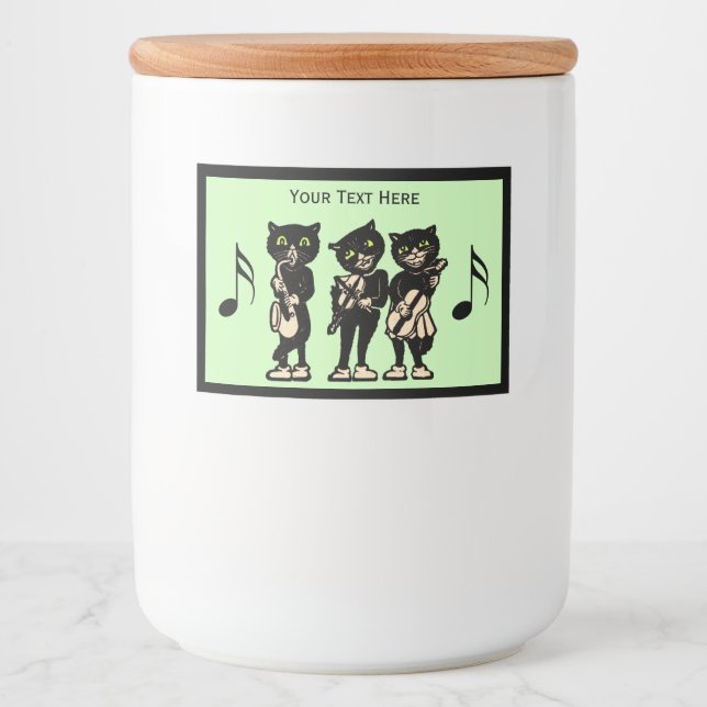 Three Black Cats Playing Musical Instruments Food Label (Front)