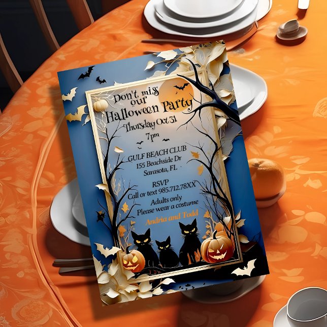 Three black cats spooky whimsical Halloween Invitation (Creator Uploaded)
