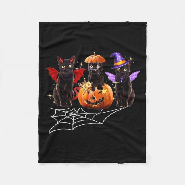 Three Black Cats Vampire Pumpkin Halloween Costume Fleece Blanket (Front)