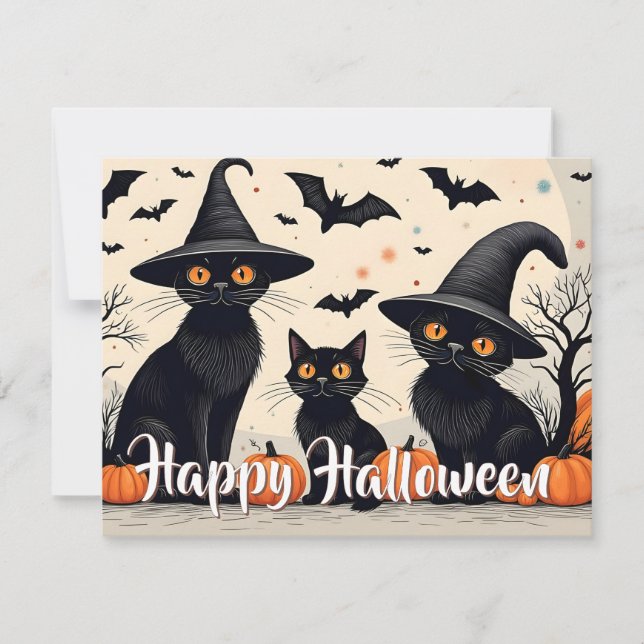 Three Black Cats with Hats on Halloween (Front)