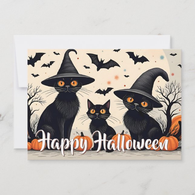 Three Black Cats with Hats on Halloween (Front)