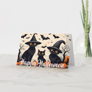 Three Black Cats with Hats on Halloween Card