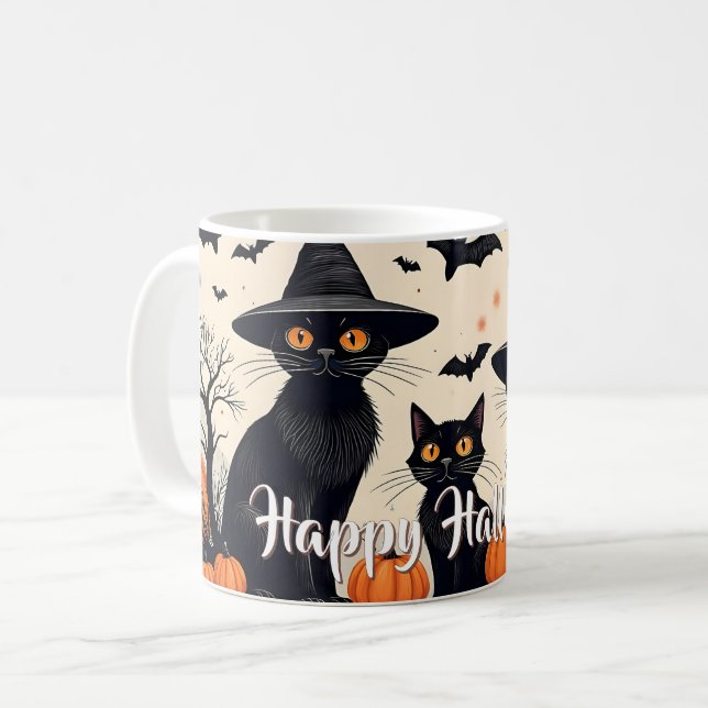 Three Black Cats with Hats on Halloween Coffee Mug (Front Left)