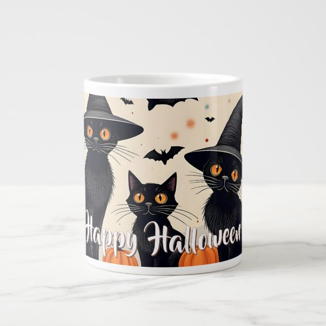 Three Black Cats with Hats on Halloween Large Coffee Mug (Front)