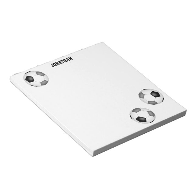 three black grey soccer balls personalised notepad (Angled)