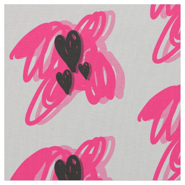 Three black hearts- pink abstract grey background fabric (Close Up)
