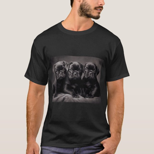 Three black Pug puppies T-Shirt (Front)