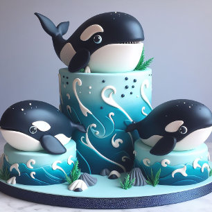 THREE BLACK & WHITE ORCA WHALE BIRTHDAY CAKE CARD