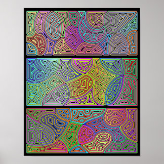 three blocks of multicolored abstract shapes poster