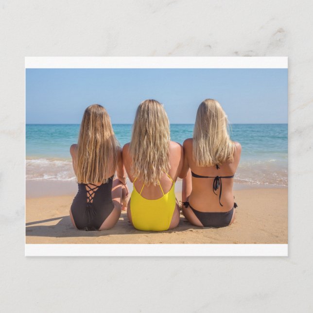 Three blonde dutch girls sit on beach.JPG Postcard (Front)