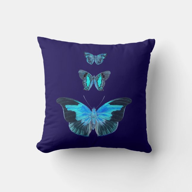 Three Blue Butterflies on Dark Blue Pillow (Front)