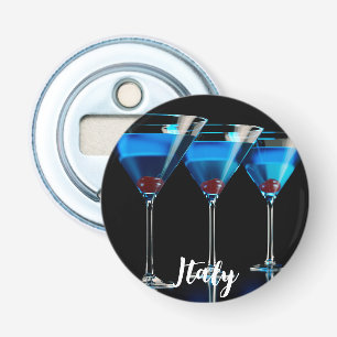 Three blue cocktails with cherry on black bottle opener