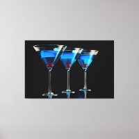 Three blue cocktails with cherry on black