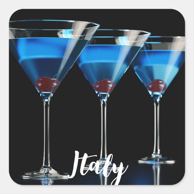 Three blue cocktails with cherry on black square sticker (Front)