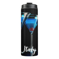 Three blue cocktails with cherry on black