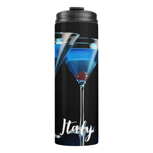 Three blue cocktails with cherry on black thermal tumbler (Front)