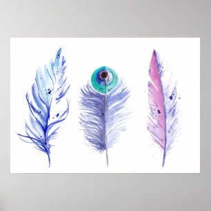 Three blue feathers poster
