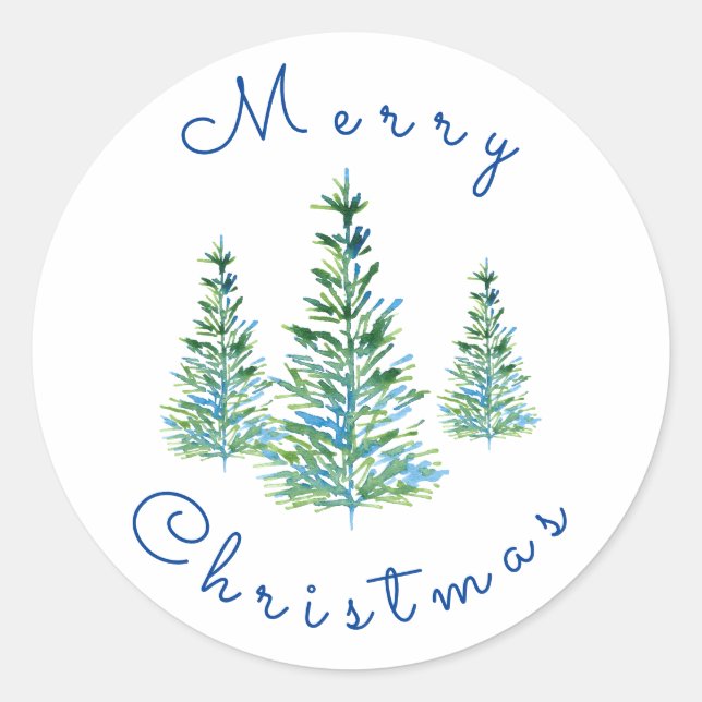 Three Blue Green Watercolor  Pine Trees Classic Round Sticker (Front)