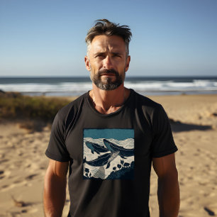 Three Blue Whales, Bold Print Men's Black T-Shirt