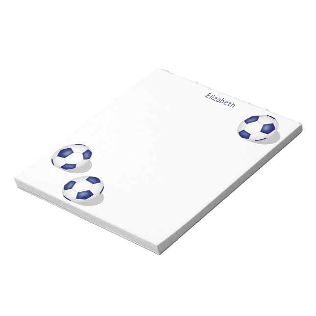 three blue white soccer balls personalised notepad (Rotated)